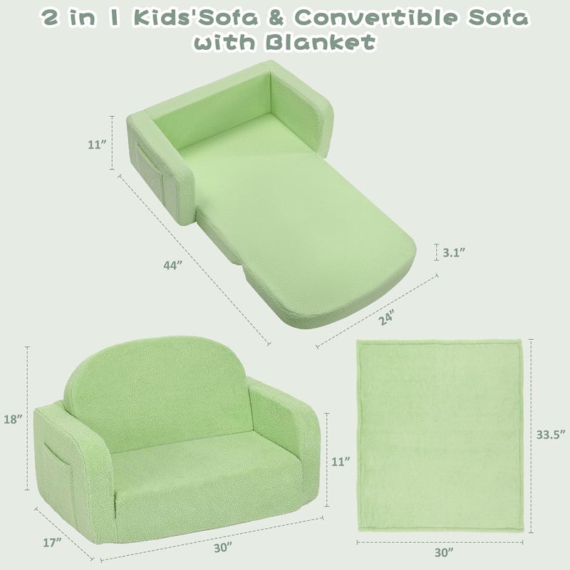 Foryoomi Extra Wide Kids Couch, 2-in-1 Soft Toddler Couch with Blanket, Comfy Toddler Chair, Convertible Sofa, Gifts for Kids Girl Boys, Green - Image 2